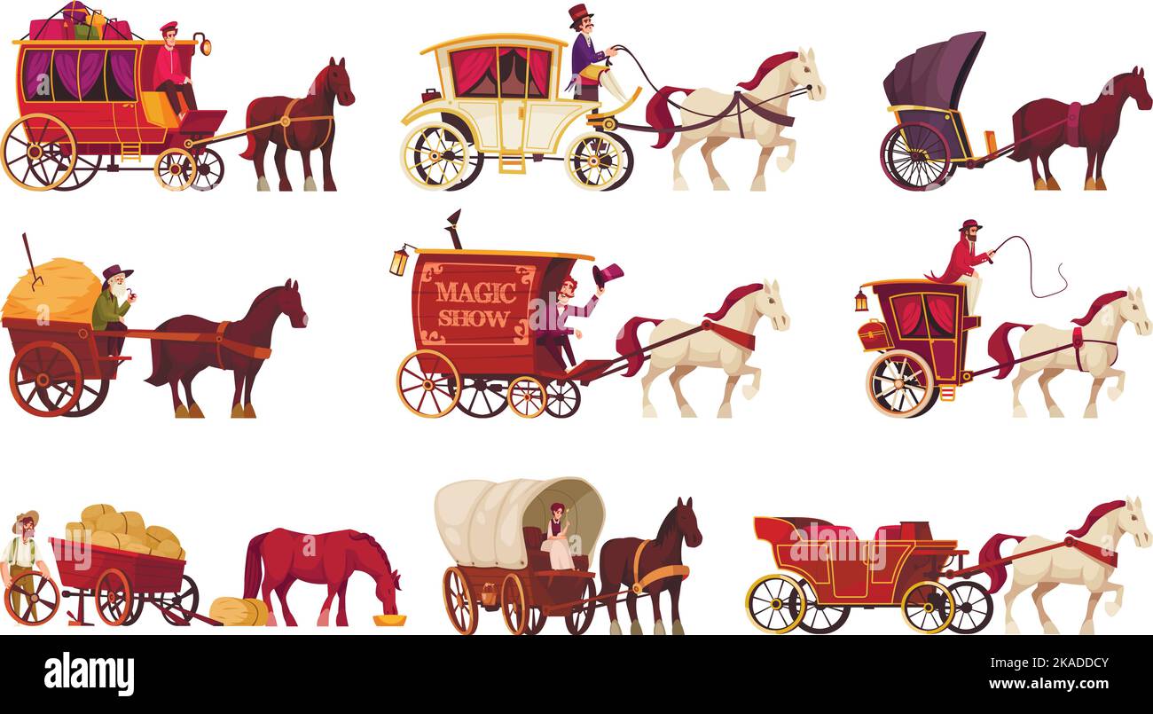 Veicoli trainati da cavalli cartoni animati set di animali in imbragatura per lavorare su ranch o trasporto di persone isolato vettore illustrazione Illustrazione Vettoriale
