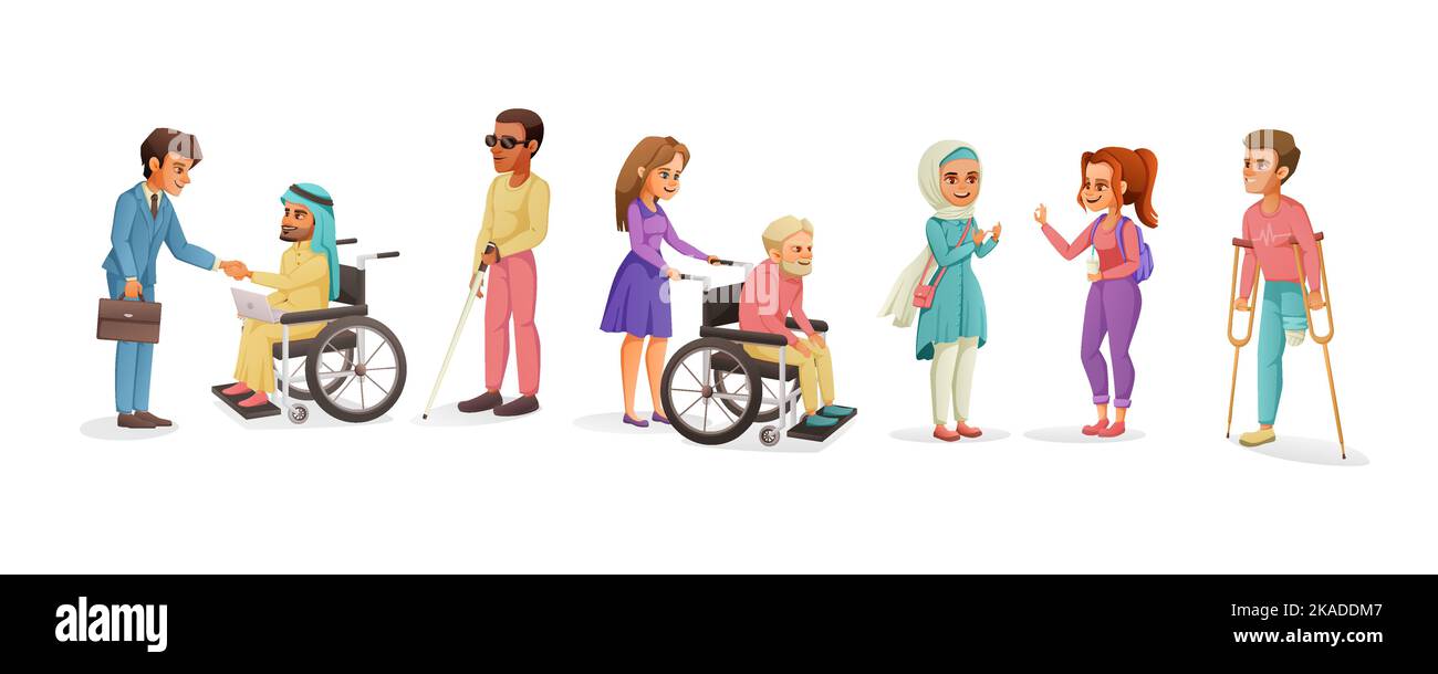 Disabili cartoon set con uomini e donne di diversa età con vari tipi di disabilità isolato vettore illustrazione Illustrazione Vettoriale