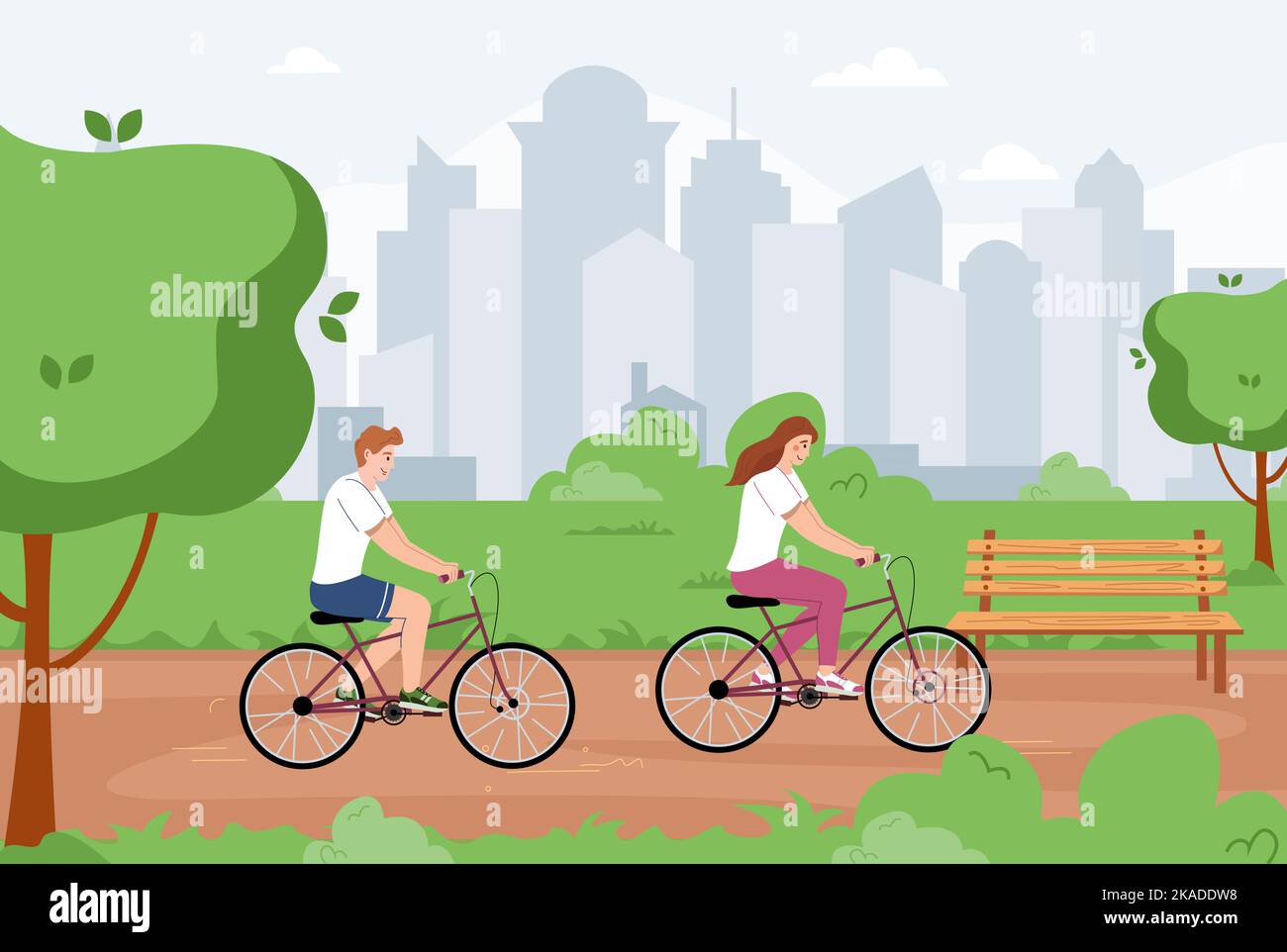 Uomo sano stile di vita composizione piatta con sfondo paesaggio urbano e scenario parco urbano con coppia moto a cavallo vettore illustrazione Illustrazione Vettoriale