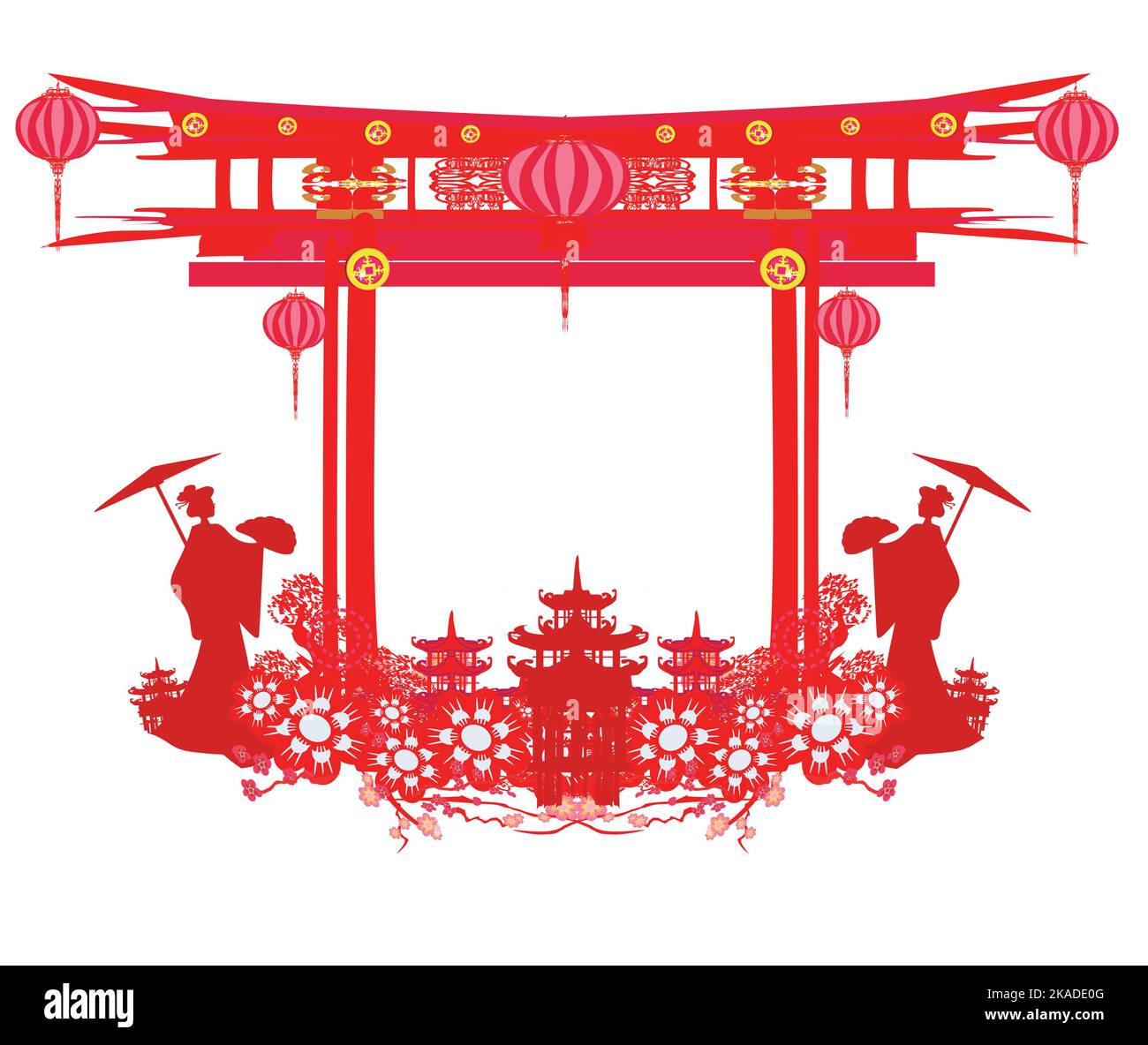 Abstract cornice decorativa con ragazza asiatica Illustrazione Vettoriale