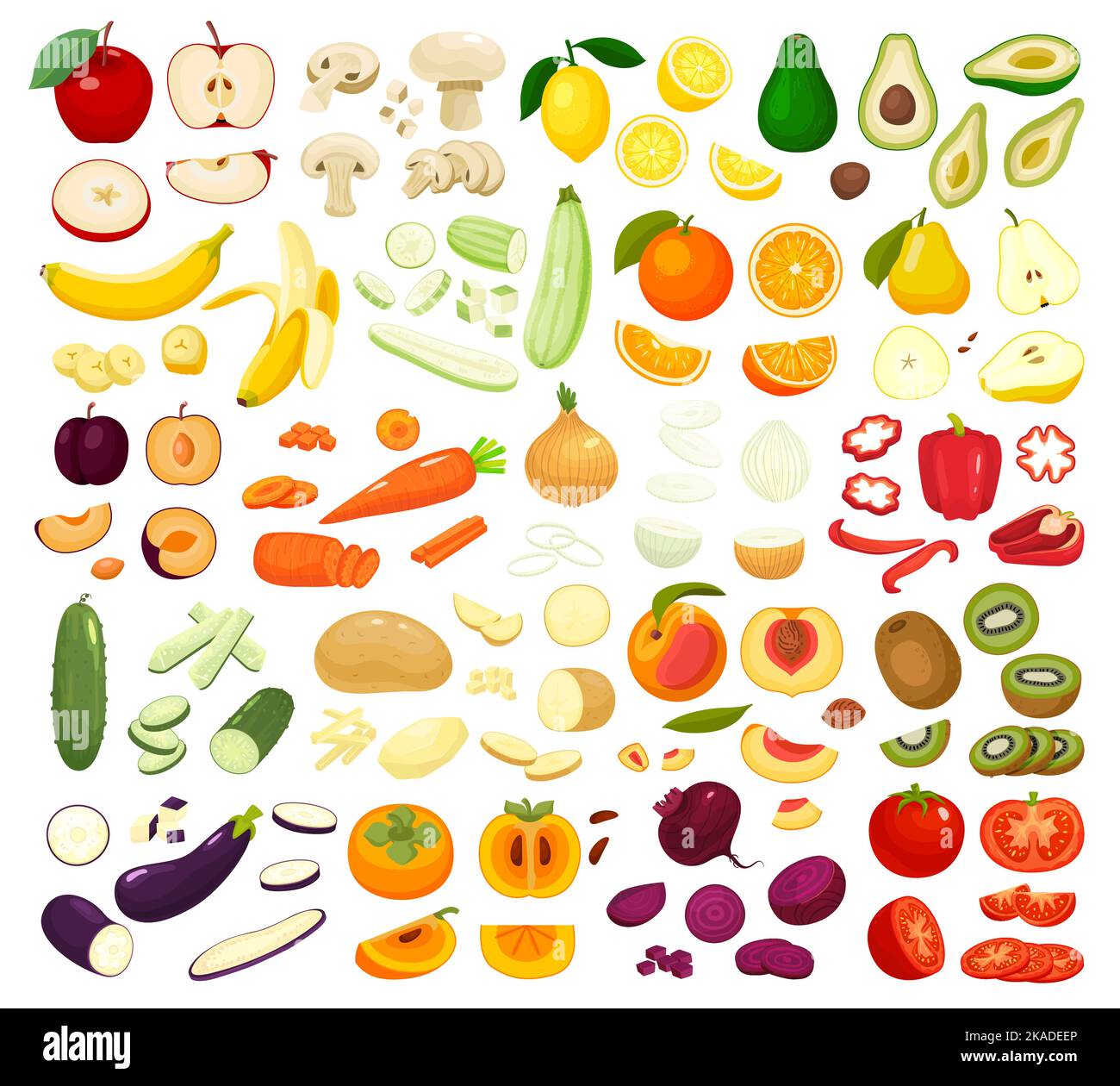 Grande set di piatto intero e affettato frutta fresca e verdura con carota pomodoro avocado limone mela banana pesca isolato vettore illustrazione Illustrazione Vettoriale
