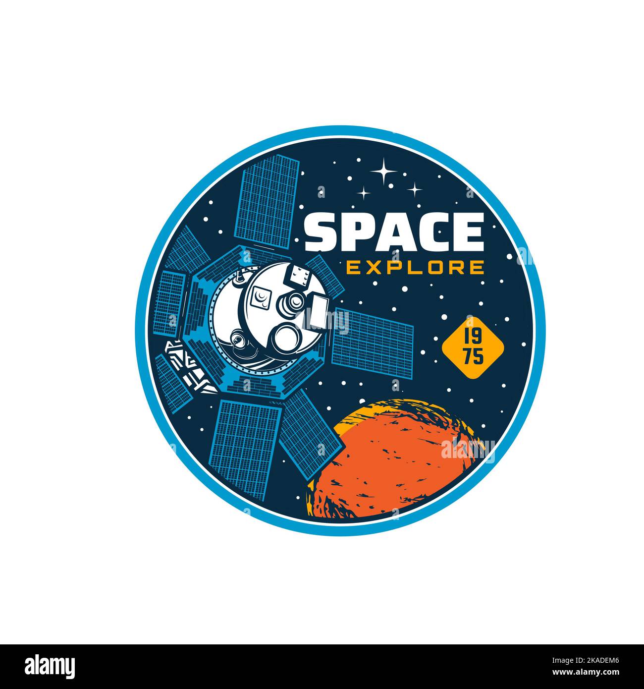 Avventura spaziale e galassia esplorare icona con stazione orbitale satellite, vettore di luce spaziale simbolo. Scoperta dello spazio e esplorazione galattica o distintivo della missione Marte con pianeti e navicella spaziale a razzo Illustrazione Vettoriale