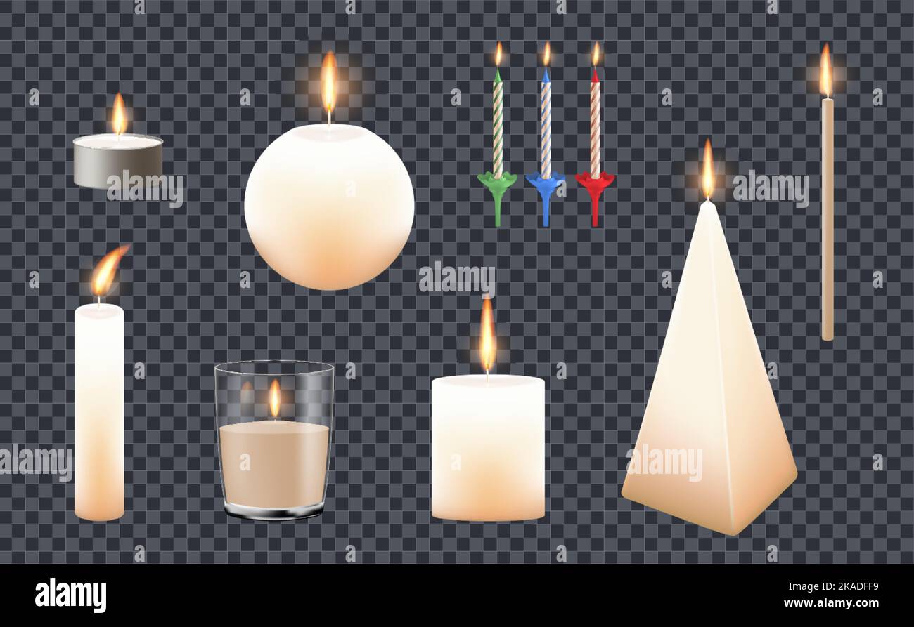 Set con candele isolate icone realistiche su sfondo trasparente con fiamme accese e diversa forma di base vettore illustrazione Illustrazione Vettoriale