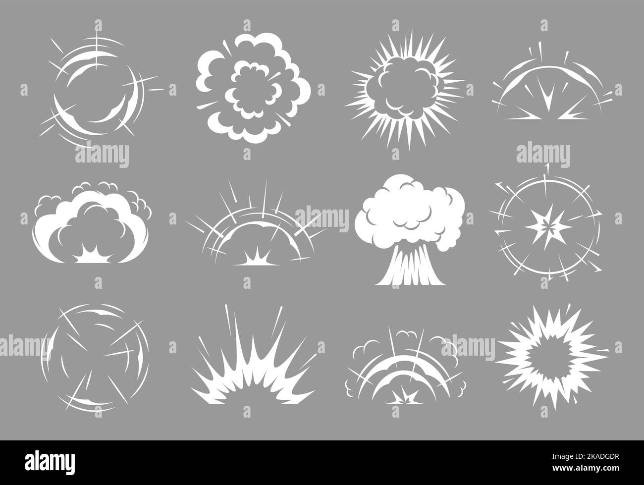 Esplosioni di bombe e nuvole di fumetti. Effetto boom cartoon vettoriale, fumo bianco, fungo nucleare, vapore tossico, vapore di polvere. Set isolato di elementi di progettazione dell'interfaccia gui, interfaccia utente burst o spray a gas Illustrazione Vettoriale