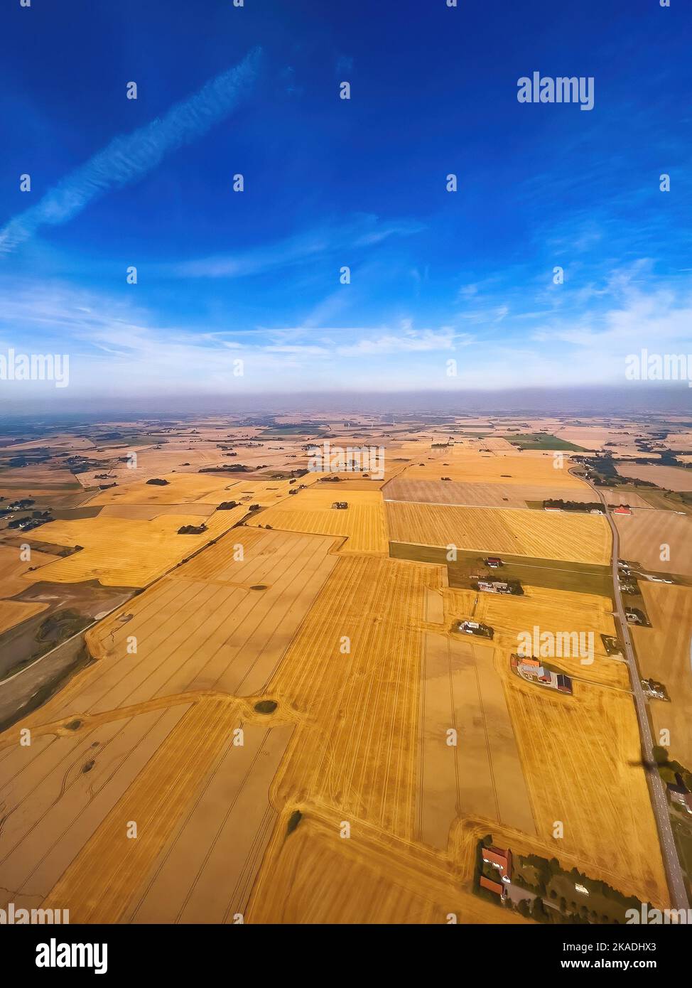 Ripresa aerea del paesaggio pianeggiante coltivato della Svezia meridionale regione di Skane nel pomeriggio estivo, vista ad angolo alto dall'aereo Foto Stock