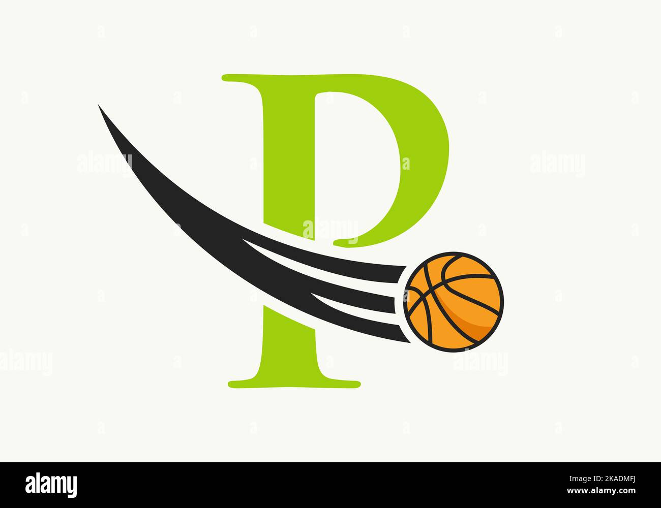 Lettera iniziale P Basketball Logo Concept con icona di Basketball in movimento. Modello vettoriale simbolo logo Basket Ball Illustrazione Vettoriale