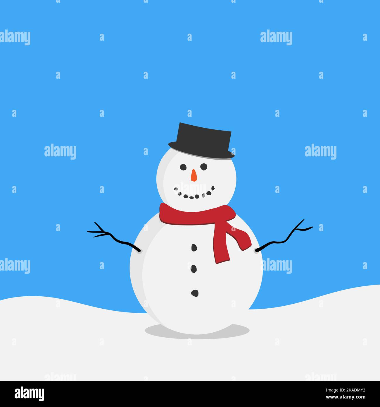 pupazzo di neve sorridente con cappello nero su sfondo blu, disegno vettoriale piatto Illustrazione Vettoriale