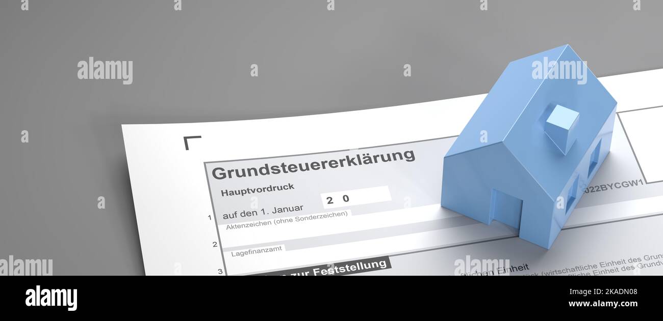 Concetto tedesco di imposta sulla proprietà ('Grundsteuer'). Una casa sul formulario per la dichiarazione della tassa. Formato banner Web Foto Stock