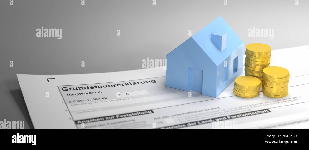 Concetto tedesco di imposta sulla proprietà ('Grundsteuer'). Una casa e una pila di monete sul formulario per la dichiarazione della tassa. Formato banner Web Foto Stock