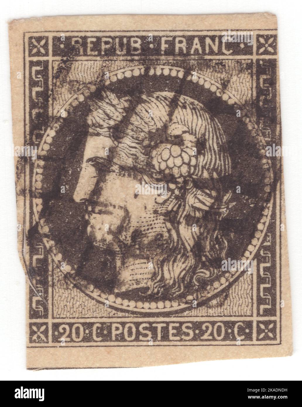 FRANCIA - 1849: Un francobollo da 20 centesimi nero su giallastro raffigurante Ceres — Dea dell'agricoltura, della fertilità, dei cereali, del raccolto, della maternità, la terra, e coltivò raccolti Foto Stock