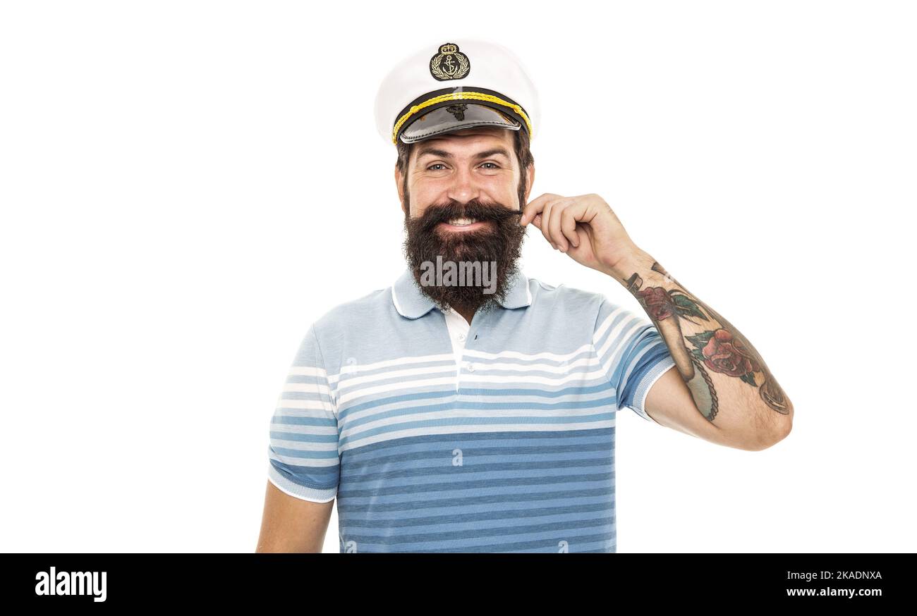 Nato per giocare con tempeste e venti. Capitano di mare isolato su bianco. Buon capitano twirl baffi. Capitano comandante della nave. Uomo bearato in capitano Foto Stock