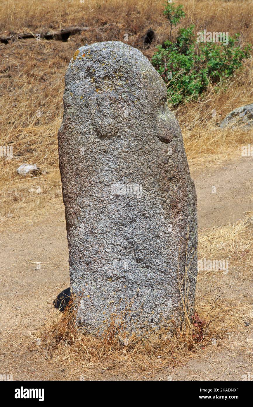 Primo piano di un menhir con un volto umano intagliato nel sito megalitico di Filitosa (Corse-du-Sud) sulle isole della Corsica, Francia Foto Stock