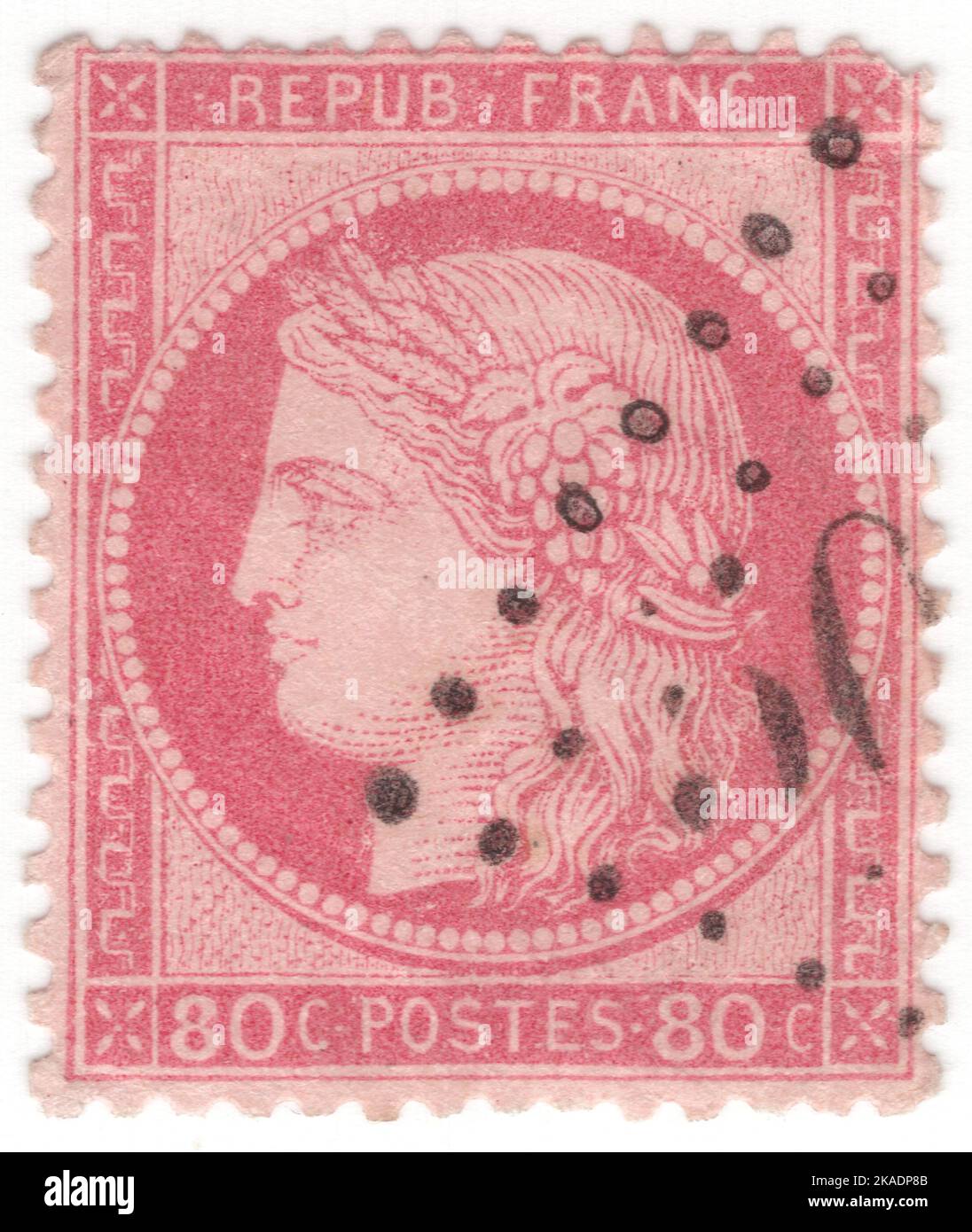 FRANCIA - 1872: Una rosa di 80 centesimi su francobollo di Pinkish che raffigura Ceres — Dea dell'agricoltura, della fertilità, dei grani, del raccolto, della maternità, la terra, e coltivò raccolti Foto Stock