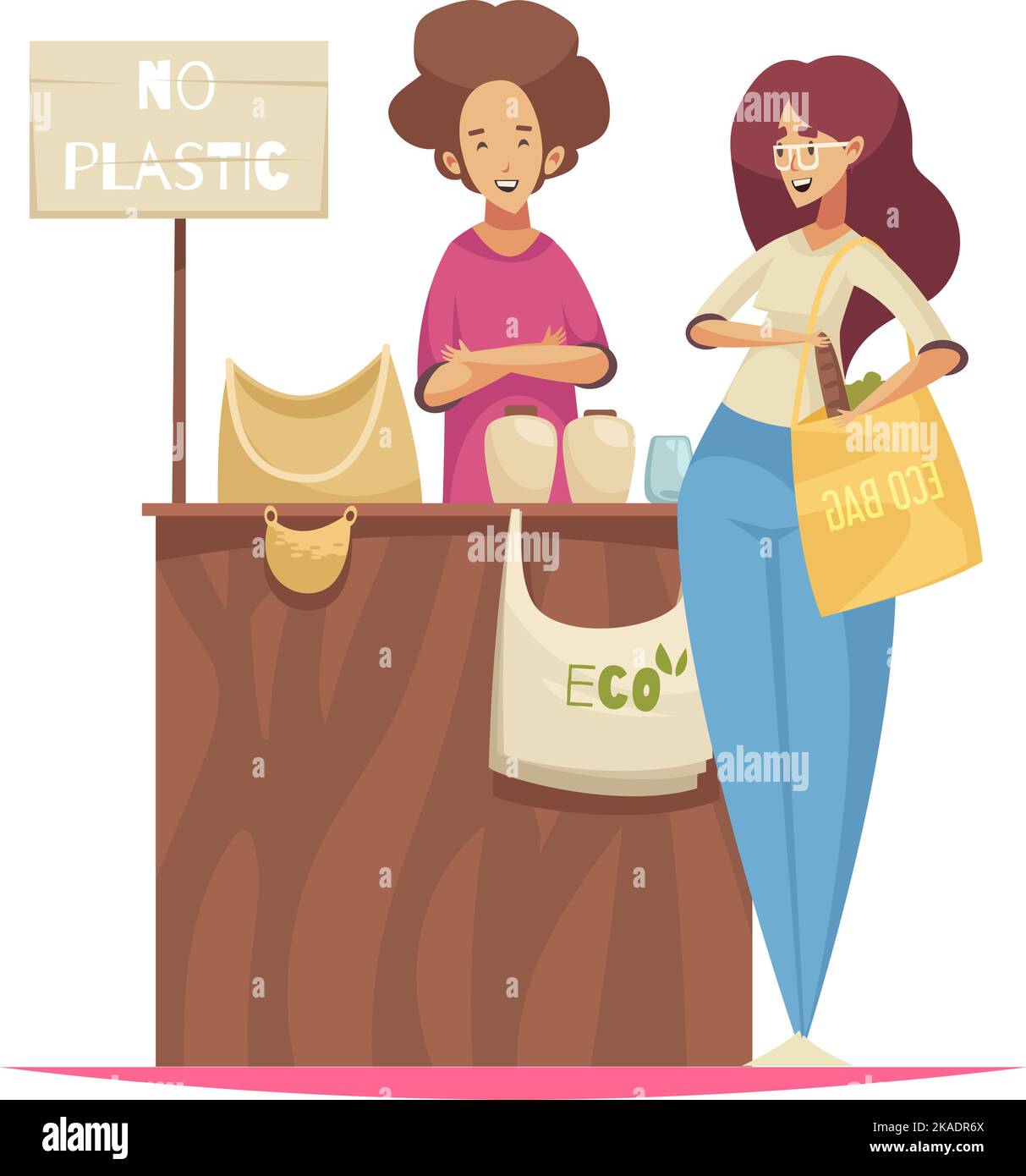 Composizione eco zero per la cernita dei rifiuti con immagine isolata di stallo del mercato che vende merci eco-compatibili con illustrazione vettoriale dell'acquirente Illustrazione Vettoriale