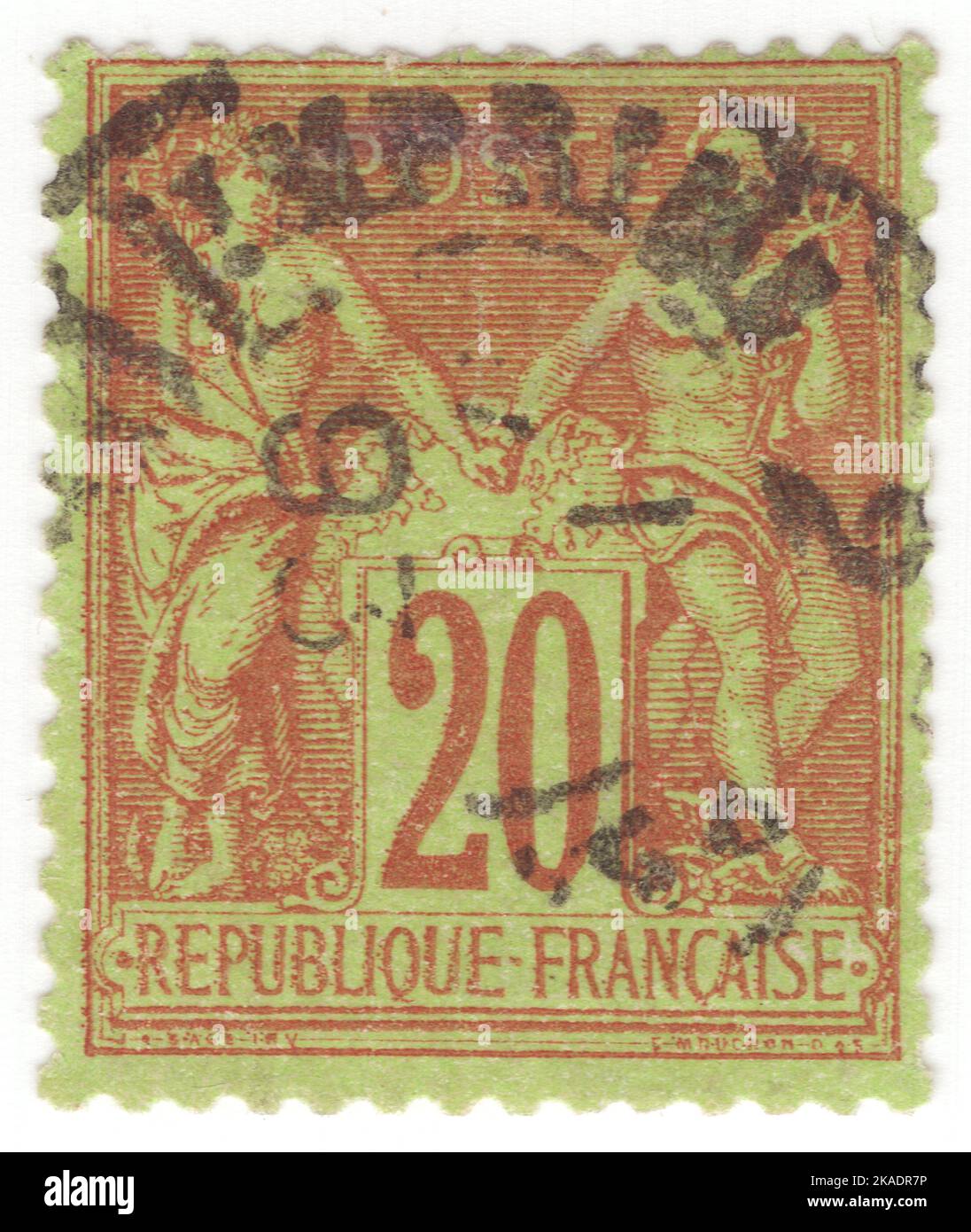 FRANCIA - 1879: Un francobollo da 20 centesimi di rosso su giallo-verde raffigurante l'allegoria "Type Sage" (chiamata anche "Peace and Commerce"), progettato da Jules Auguste Sage Foto Stock