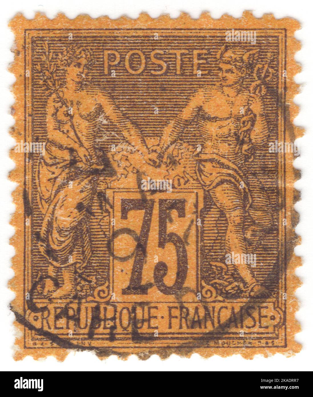 FRANCIA - 1890: Un francobollo da 75 centesimi violetto su orange raffigurante l'allegoria "Type Sage" (chiamata anche "Peace and Commerce"), progettata da Jules Auguste Sage Foto Stock