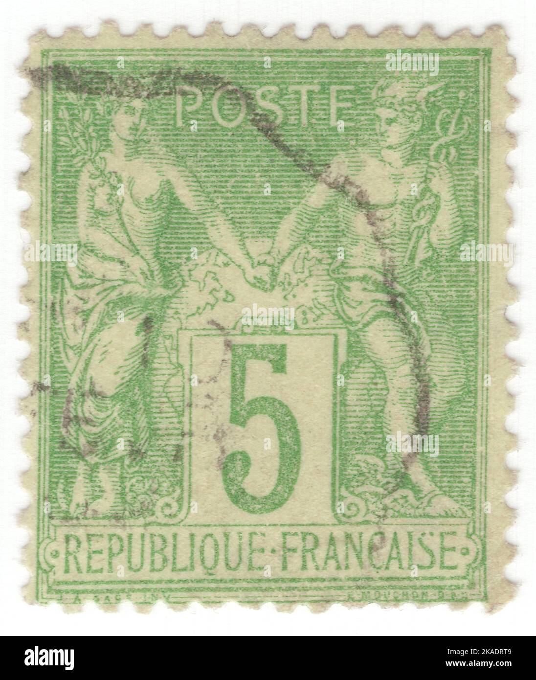 FRANCIA - 1898: Un francobollo giallo-verde da 5 centesimi raffigurante l'allegoria "Type Sage" (anche denominata "Pace e Commercio"), progettata da Jules Auguste Sage Foto Stock