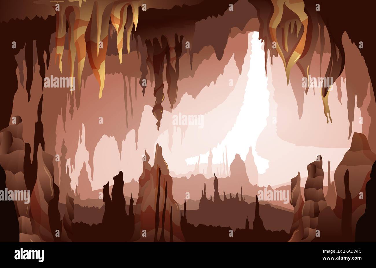 Interno grotta calcarea con pendenti dalle stalattiti del soffitto e che si innalzano dalle stalagmiti del pavimento formazioni minerali naturali illustrazione vettoriale Illustrazione Vettoriale
