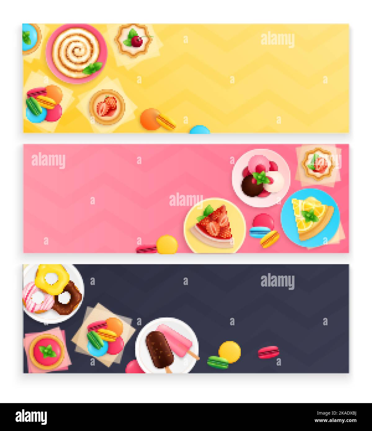 Dessert dolci 3 banner orizzontali di fondo set con ciambelle torta fragola gelato macaron assortimento illustrazione vettoriale Illustrazione Vettoriale