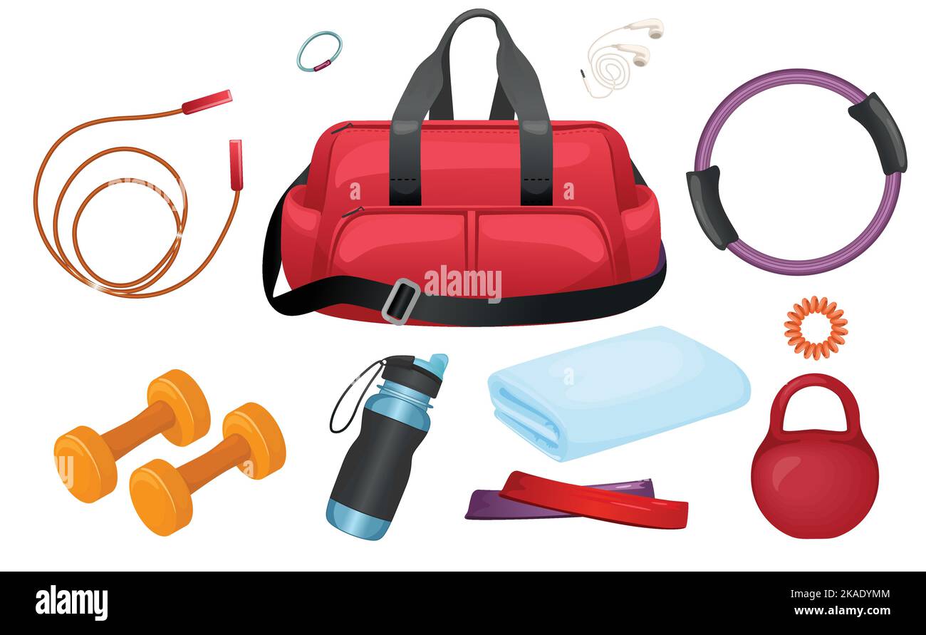 Palestra borsa fitness icona set con borsa rossa con corda Kettlebell sport acqua bottiglia fascia per capelli cuffie manubri doccia asciugamani vettore illustrazione Illustrazione Vettoriale