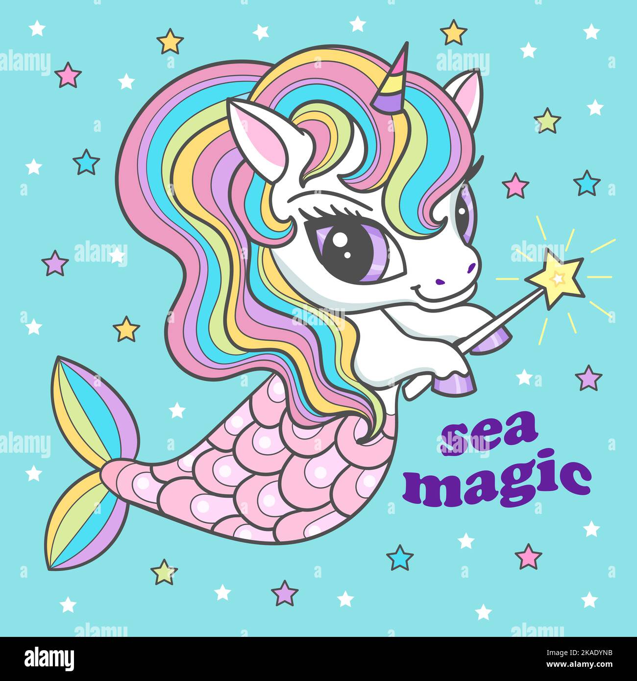 Testo di magia del mare. Simpatica sirena unicorno. Vettore Illustrazione Vettoriale