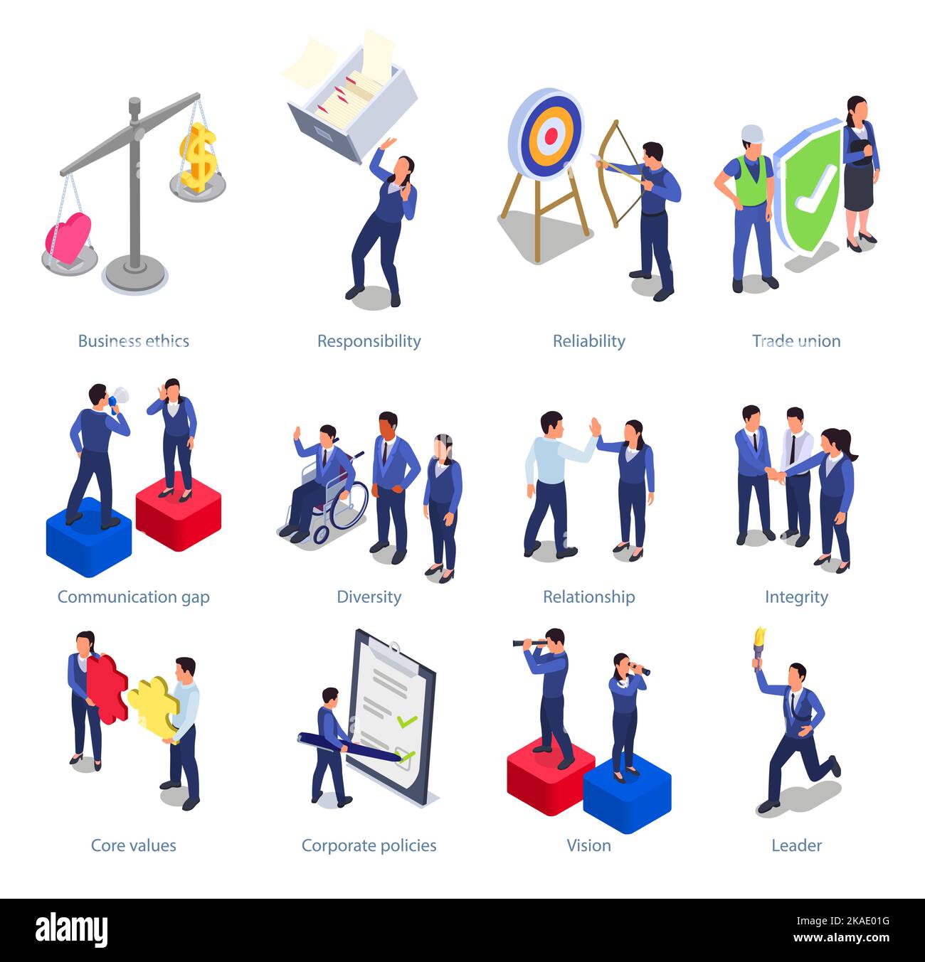 Insieme isometrico di simboli di concetto di cultura aziendale come etica aziendale e illustrazione vettoriale isolata sindacale Illustrazione Vettoriale