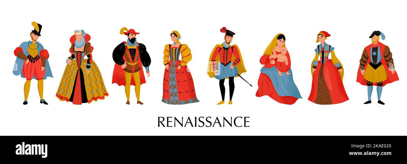 Icona colorata in stile rinascimentale con costumi medievali e abiti di diversi colori per un'illustrazione vettoriale ricca di uomini e donne Illustrazione Vettoriale