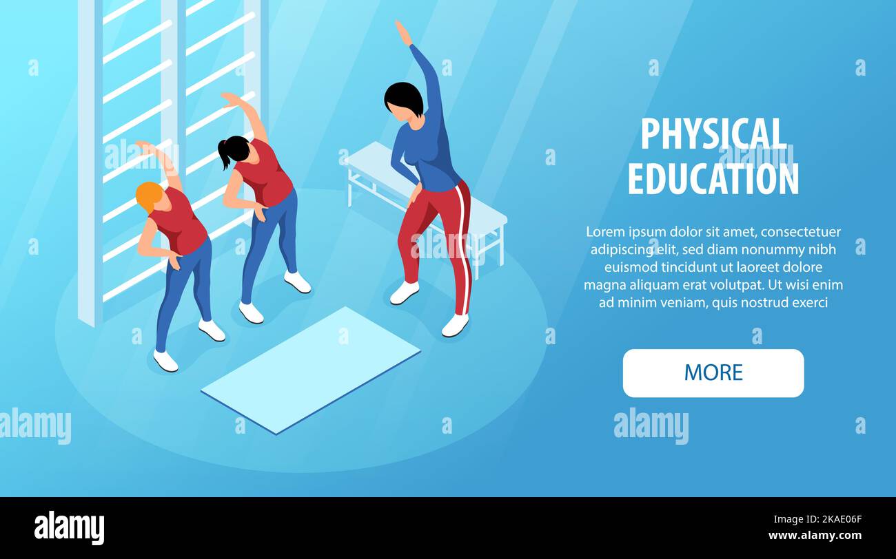 Banner web orizzontale isometrico con insegnanti femminili e due studenti che fanno esercizi di educazione fisica lezione 3D illustrazione vettoriale Illustrazione Vettoriale