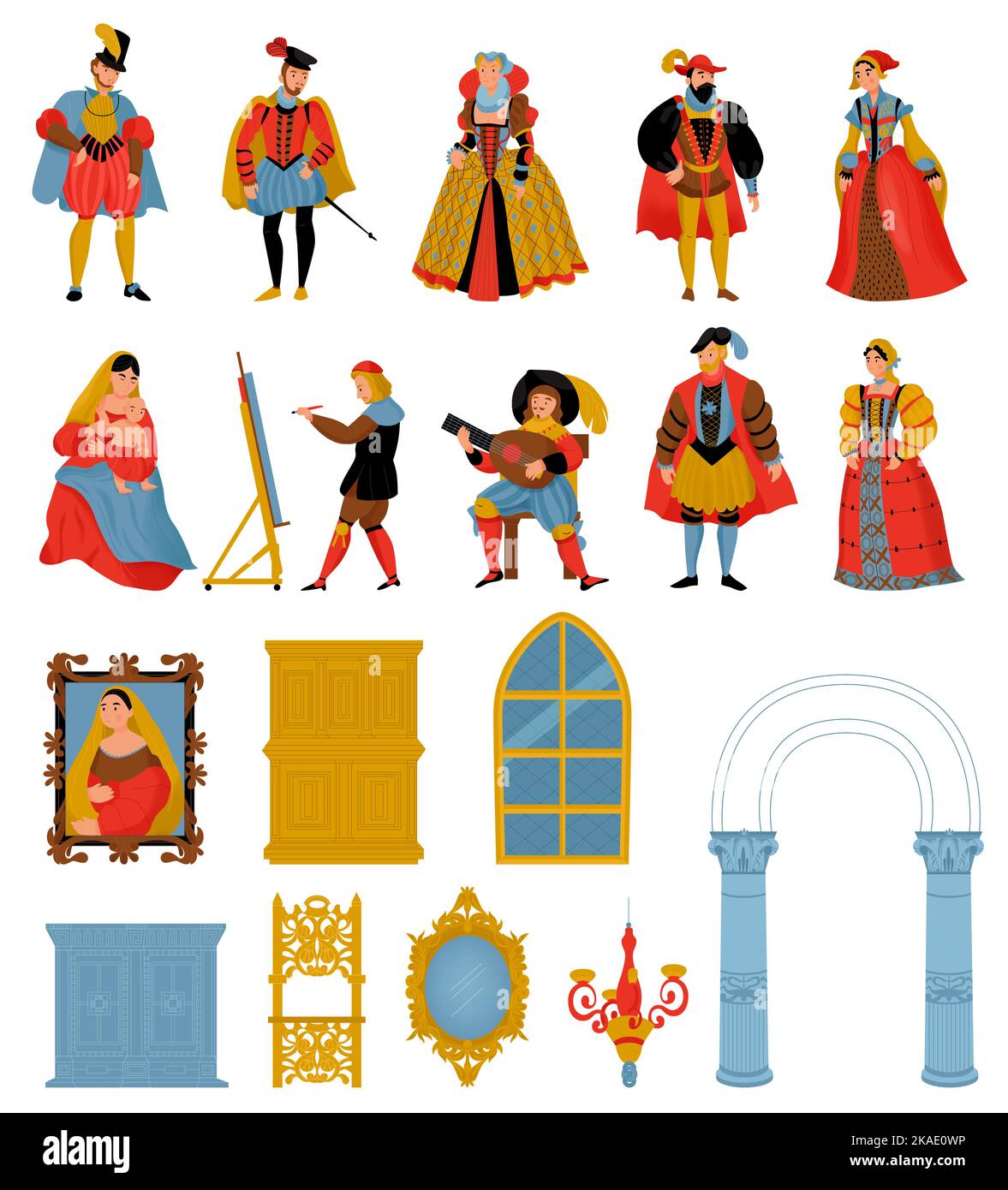 Renaissance vecchio stile di moda retrò icona impostare gli uomini in costumi medievali donne in abiti fantasia e oggetti interni vettore illustrazione Illustrazione Vettoriale
