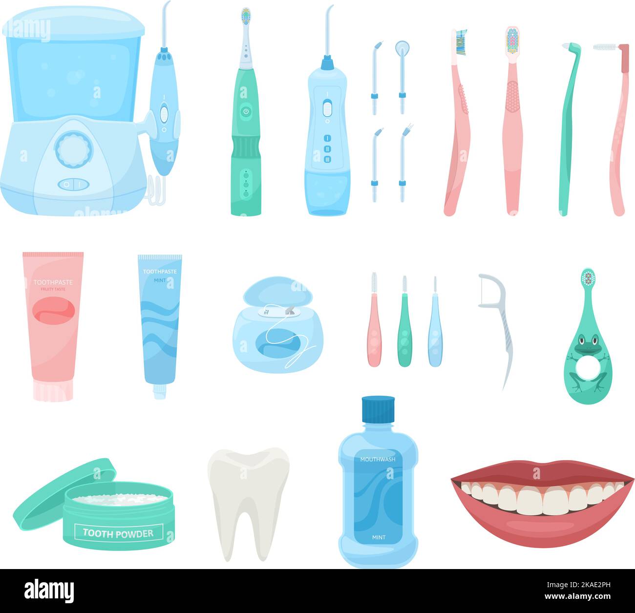 Igiene dentale serie piatta di icone isolate con prodotti per la cura orale dentisti strumenti e bocca sorridente vettore illustrazione Illustrazione Vettoriale