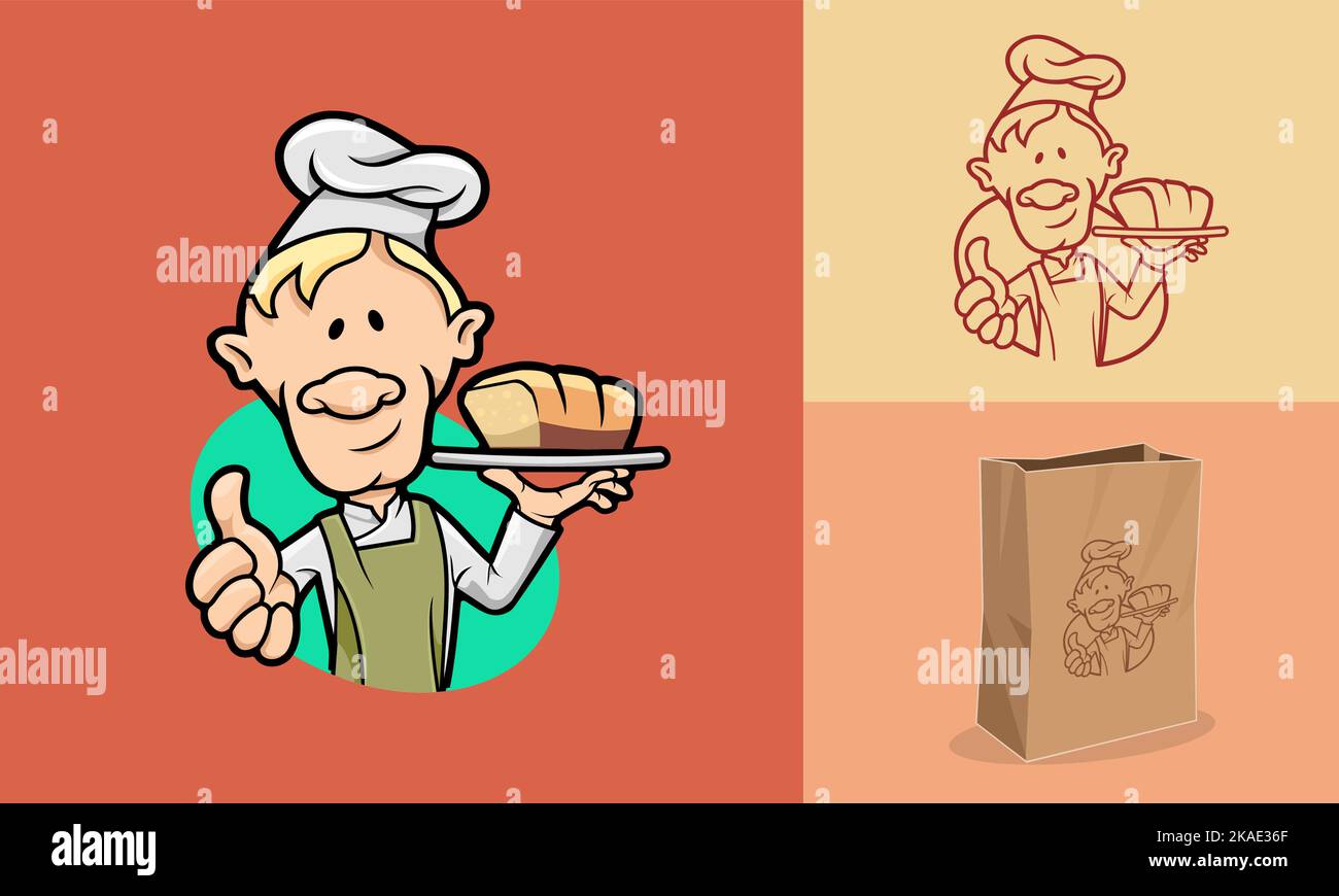 Chef preparante il pane dopo la cottura del pane. adatto per l'uso come logo.nper il design dell'imballaggio del prodotto. Cibo o ristorante themed.nDesign semplice che guarda Illustrazione Vettoriale