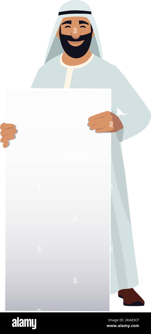 Uomo Saudita in possesso di una lavagna vuota. Arabo con banner bianco Illustrazione Vettoriale