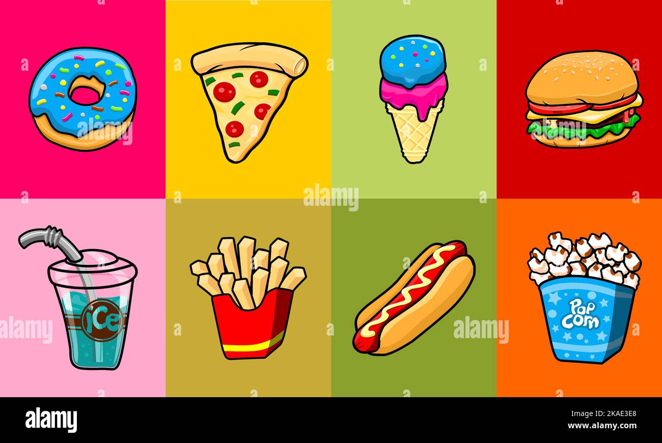 Un'illustrazione vettoriale delle icone del fast food su sfondi colorati Illustrazione Vettoriale