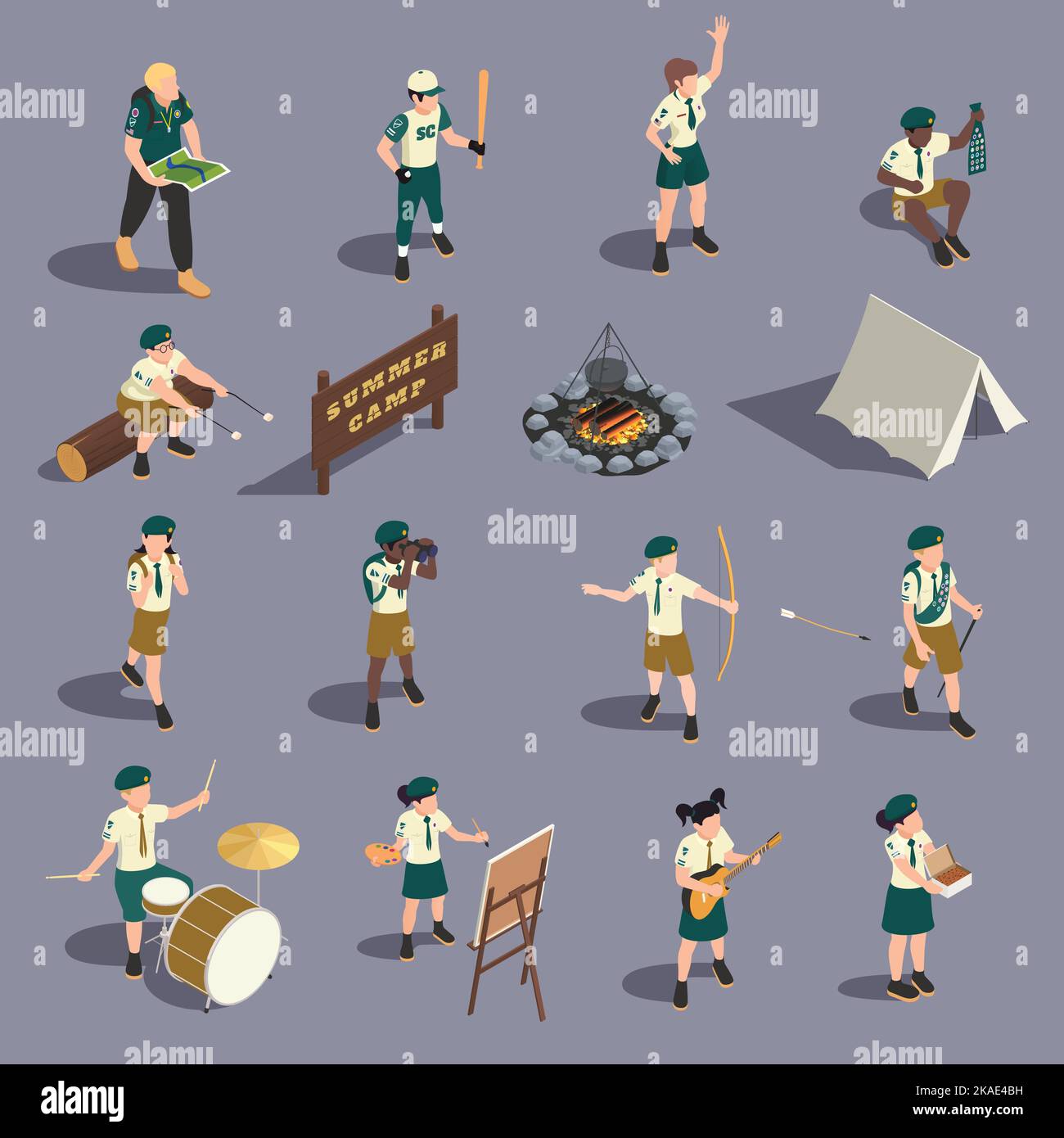 Scout campo estivo isometrico set con istruttore e bambini facendo varie attività sportive e di svago isolato su sfondo colore 3D vettore illust Illustrazione Vettoriale