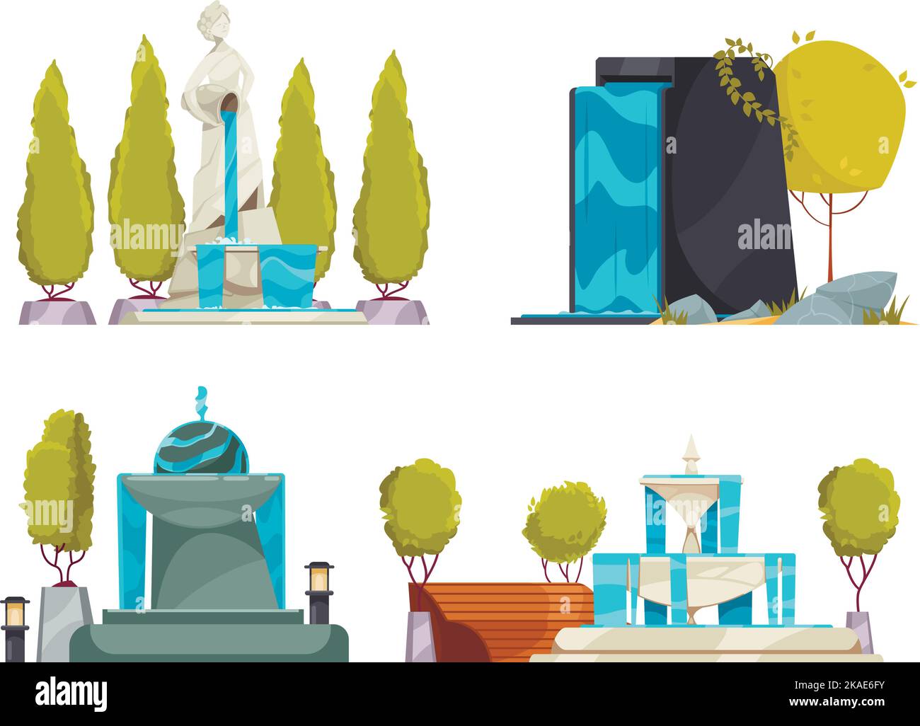 Composizioni estive del parco cittadino allestito con fontane e cartoni animati topiari isolati illustrazione vettoriale Illustrazione Vettoriale