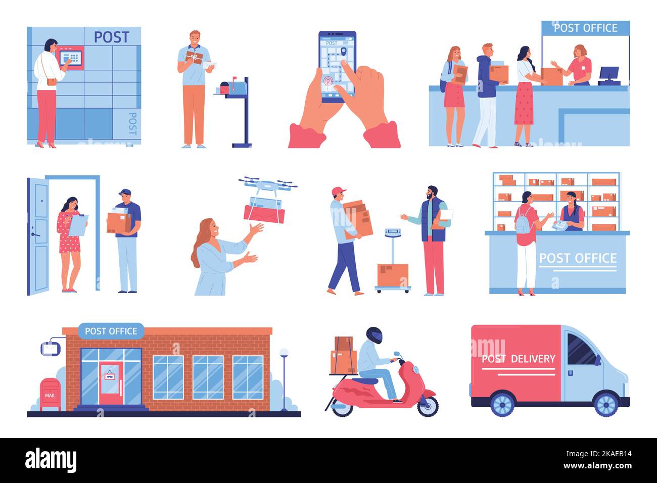 Icone piatte per ufficio postale con consegna tramite corriere e sistemi di terminali postali con illustrazione vettoriale isolata Illustrazione Vettoriale