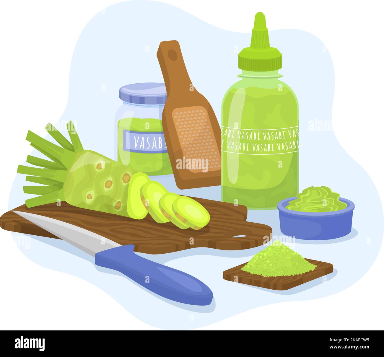 Composizione piatta della salsa Wasabi con utensili da cucina coltello da tavola e radice tagliata con bottiglie in polvere illustrazione vettoriale Illustrazione Vettoriale