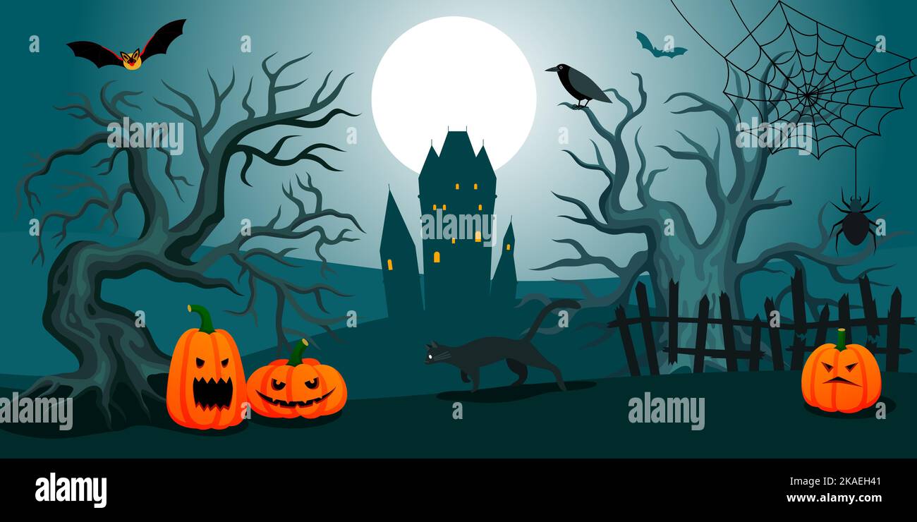 Notte di Halloween paesaggio spettrale con alberi spaventosi gatto nero zucche vecchio castello e luna piena in sfondo piatto vettore illustrazione Illustrazione Vettoriale