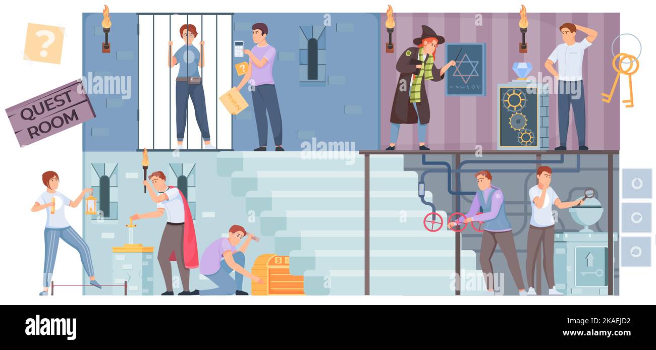 Quest fuga gioco piatta composizione società di amici visitare le camere di ricerca e risolvere enigmi vettore illustrazione Illustrazione Vettoriale