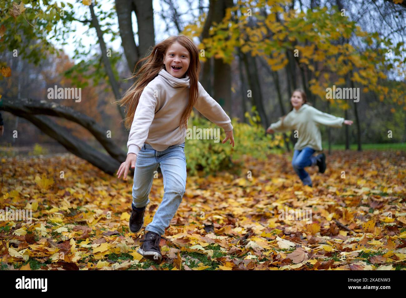 Fratello e sorella corrono intorno al parco autunnale con le loro braccia sparse come le ali degli aeroplani. I bambini stanno giocando e ridendo, avendo divertimento in un parco pubblico.Copia spazio per il vostro disegno. Foto Stock