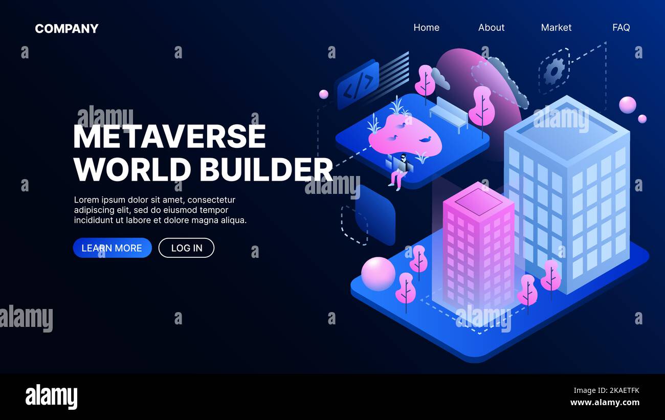 Metaverse World Builder. Metaworld. Modello pagina di destinazione Web. Illustrazione vettoriale Illustrazione Vettoriale