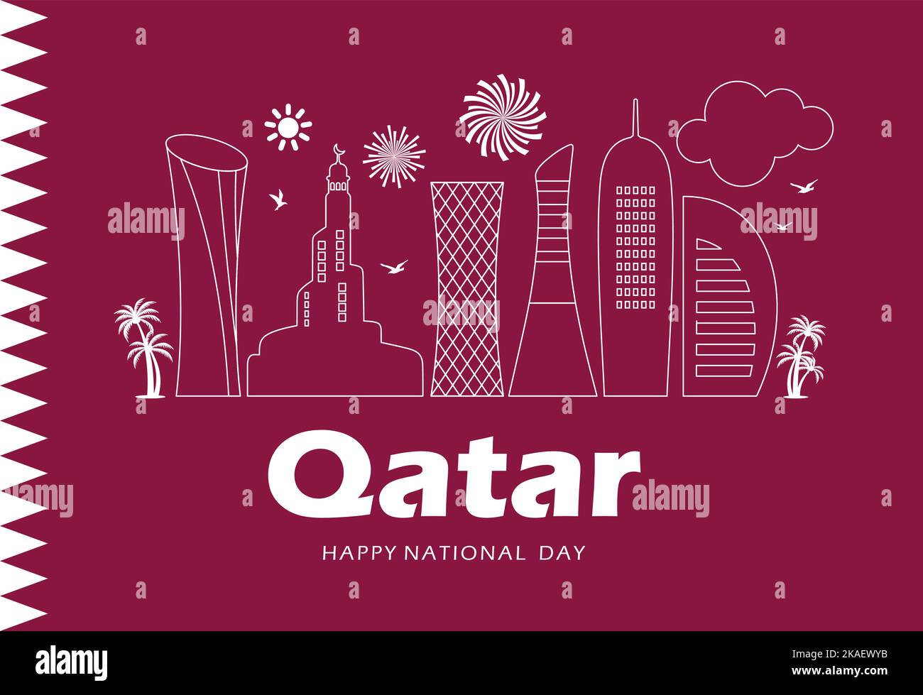 Bandiera della festa nazionale del Qatar, città moderna Doha, giornata nazionale del qatar il 18 dicembre. illustrazione della linea vettoriale Illustrazione Vettoriale