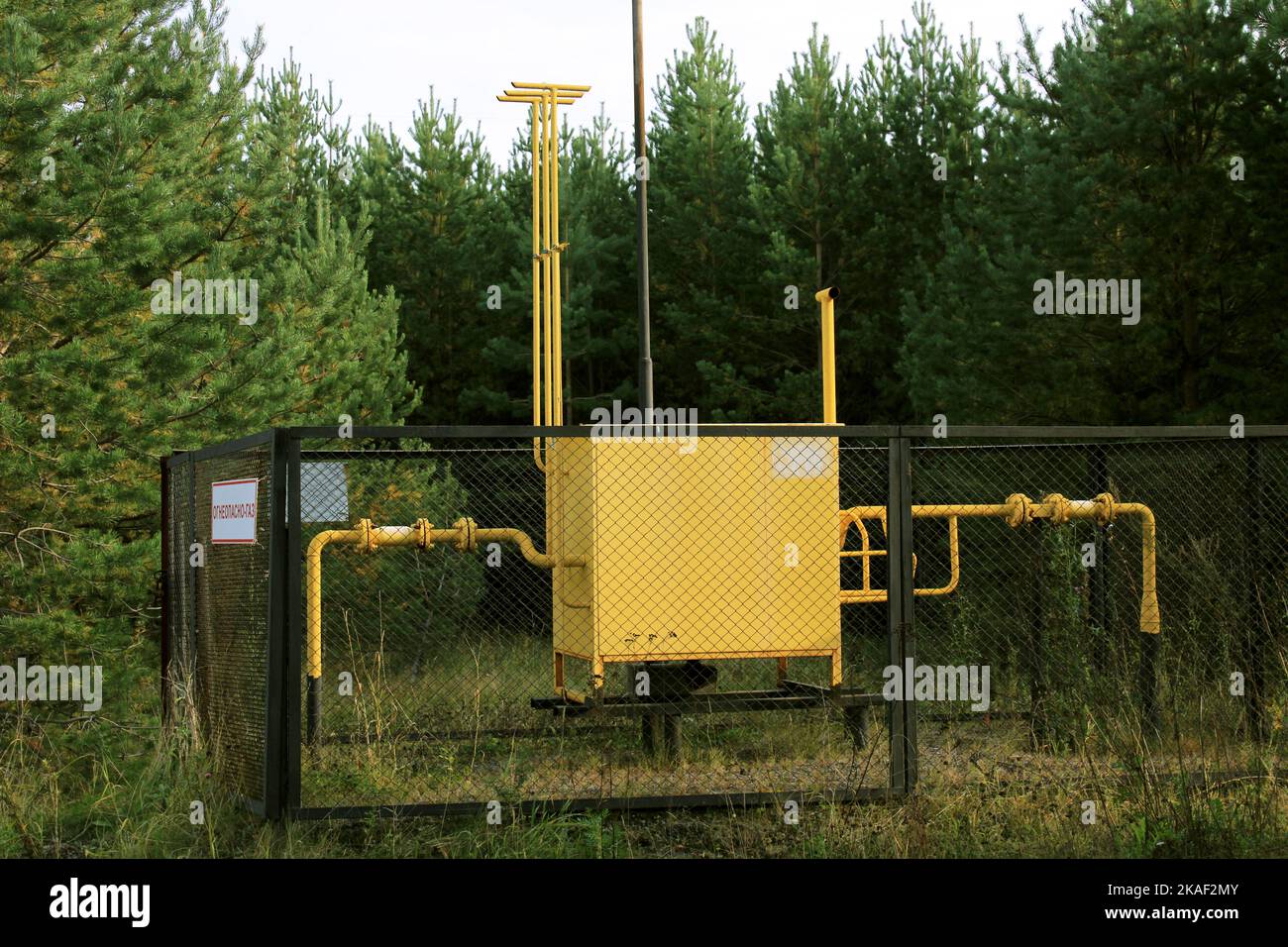 Punto di distribuzione del gas, recintato con una griglia nella foresta. Il concetto di crisi energetica, la mancanza di carburante. Traduzione infiammabile, gas. Foto Stock