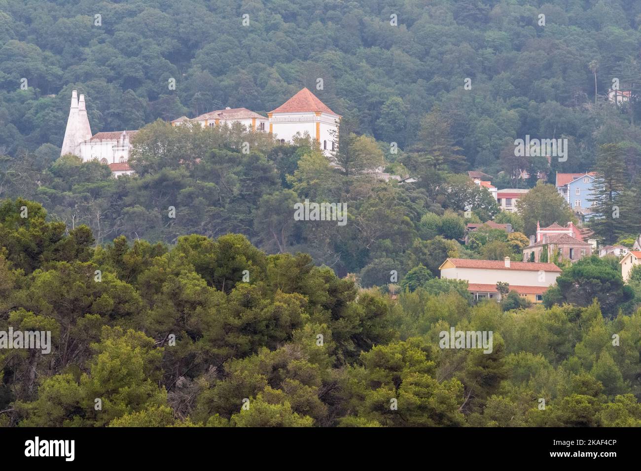 Il palazzo Quinta da Regaleira è circondato dalla natura nella catena montuosa di Sintra, Portogallo Foto Stock