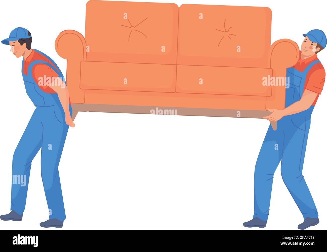 Divano per il trasporto dei Mover. Spostare i lavoratori del servizio con mobili isolati su sfondo bianco Illustrazione Vettoriale