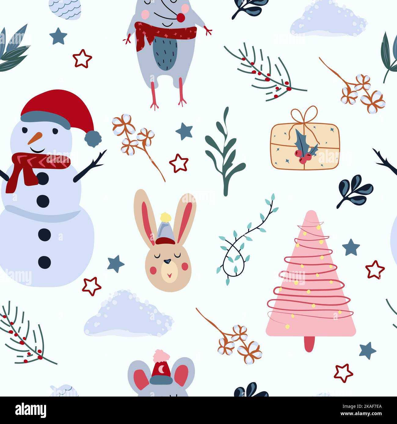 Inverno senza cuciture modello con divertente mouse in una sciarpa, pupazzo di neve, albero di Natale, coniglio e foglie intorno. Il brillante motivo invernale può essere utilizzato come tessuto, tessuto, carta da parati, banner e altro Illustrazione Vettoriale