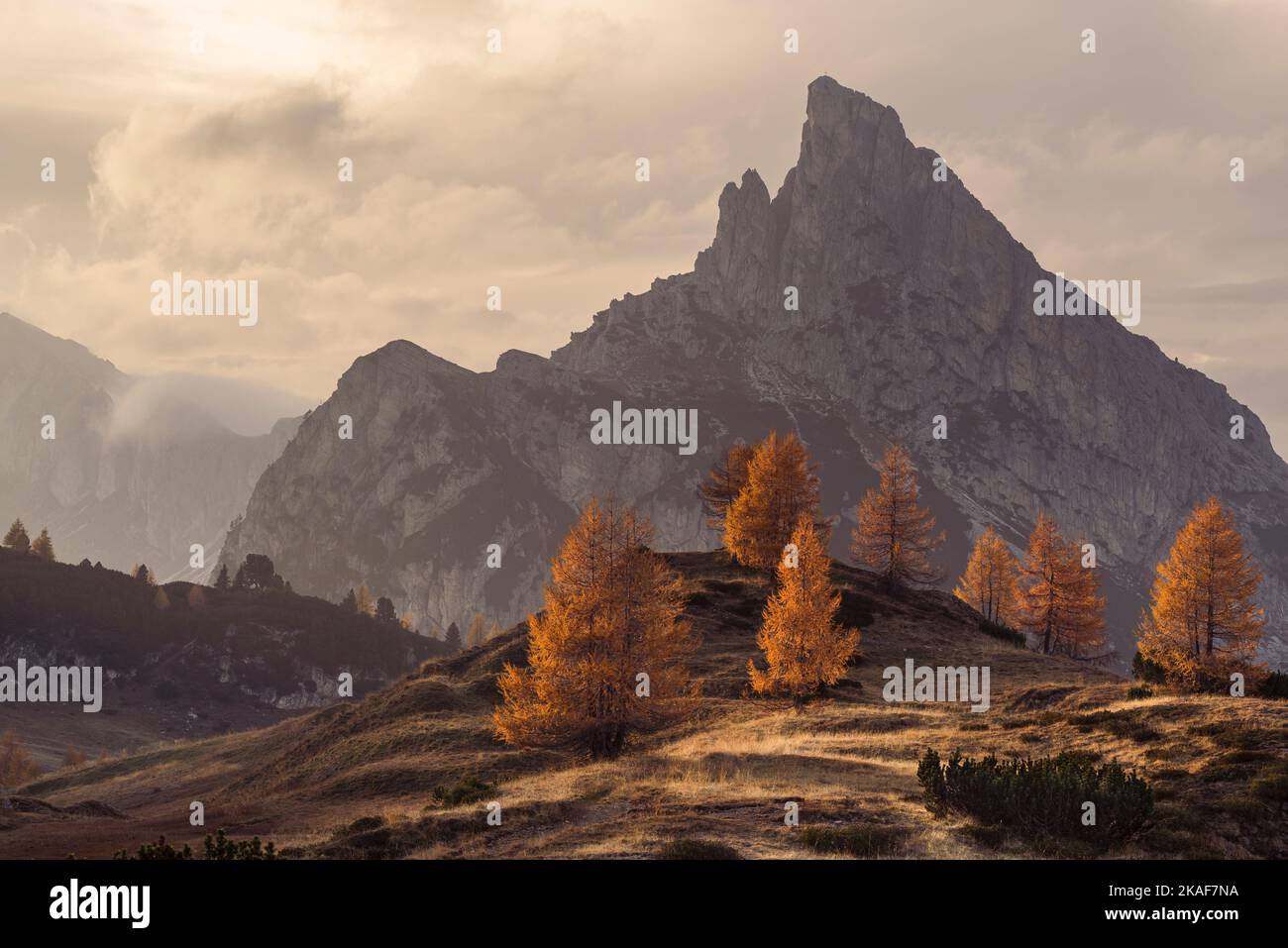 Tramonto con cielo luminoso sui prati e le foreste montane autunnali del Passo Falzarego e del Monte Hexenstein nelle Dolomiti Foto Stock