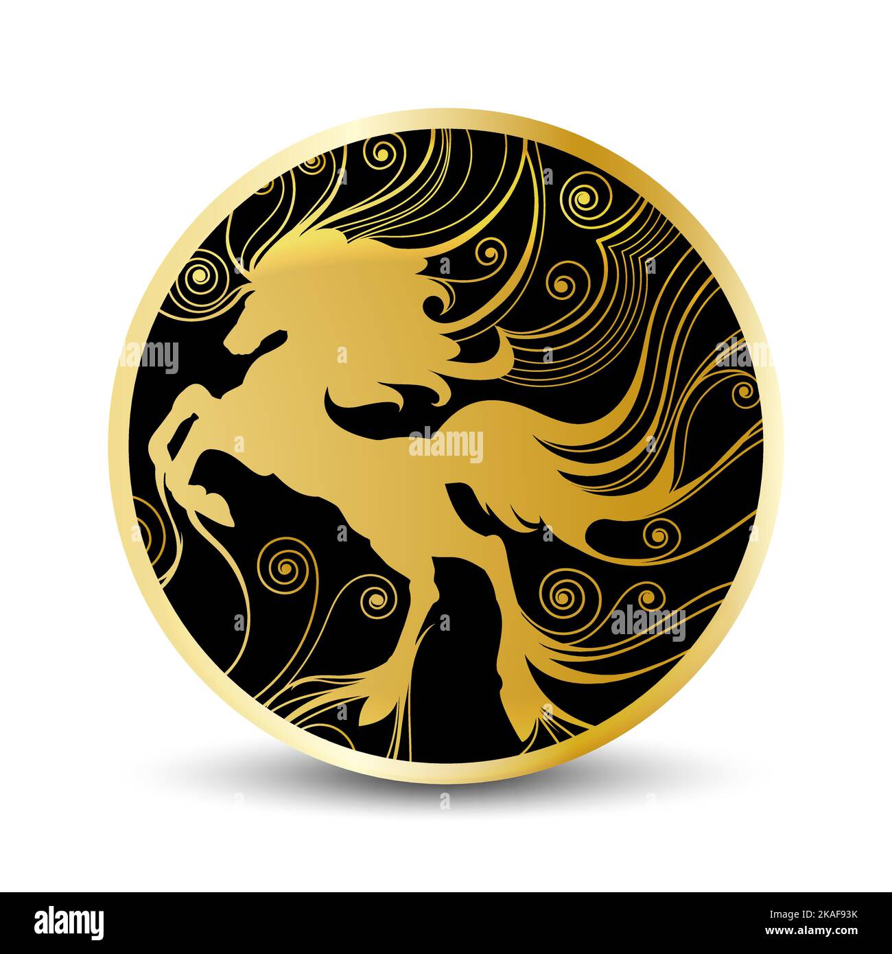 Emblema della corsa Golden Stallion isolato su bianco. Illustrazione vettoriale. Illustrazione Vettoriale