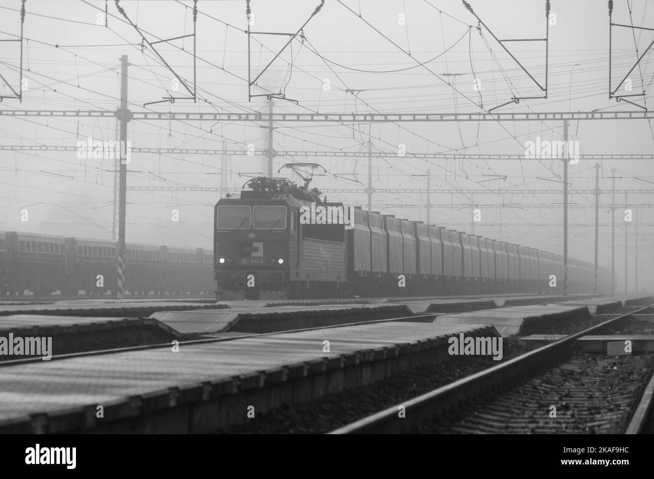 Cargo nero e bianco treno elettrico nella stazione di Velky Osek in autunno nebbia fredda mattina Foto Stock