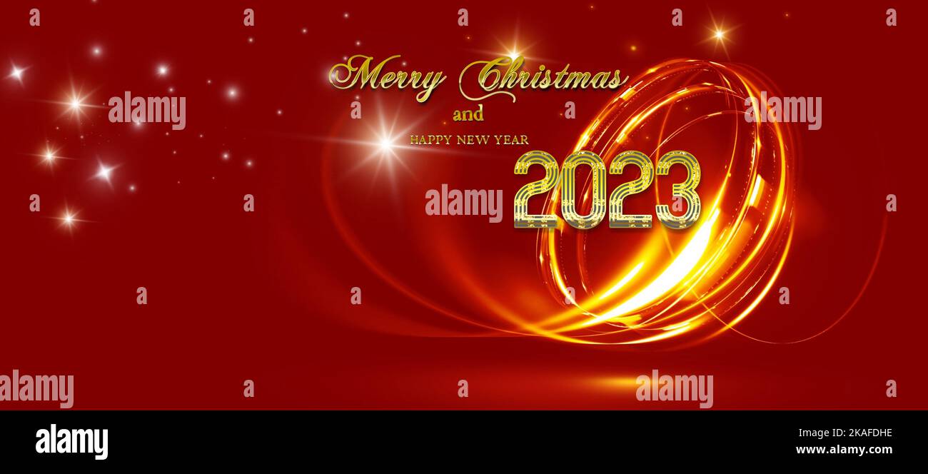 Buon Natale e felice nuovo anno 2023 biglietto di auguri con fuochi d'artificio, albero di Natale e spazio copia per il design Foto Stock